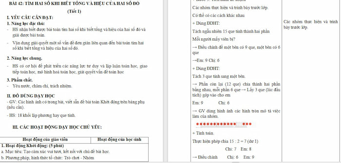 Giáo án Toán 4 Bài 42: Tìm hai số khi biết tổng và hiệu của hai số đó