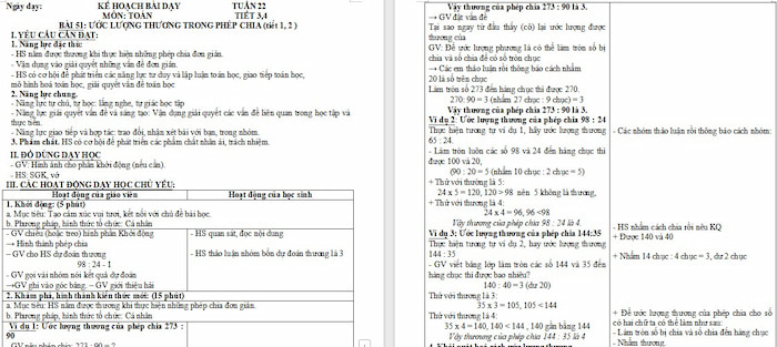 Giáo án Toán 4 Bài 51: Ước lượng thương trong phép chia