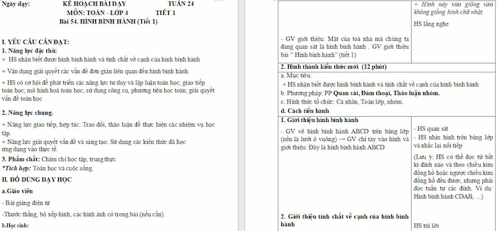 Giáo án Toán 4 Bài 54: Hình bình hành