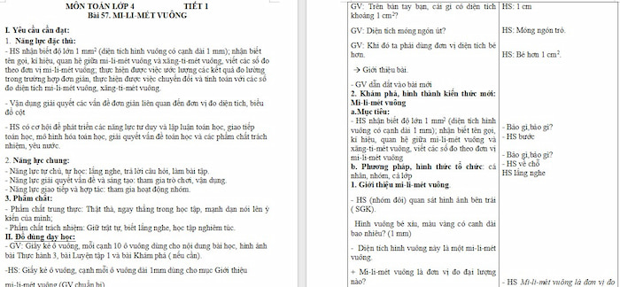 Giáo án Toán 4 Bài 57: Mi-li-mét vuông