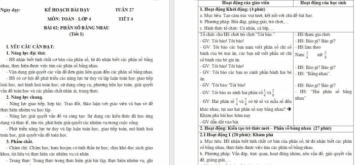 Giáo án Toán 4 Bài 62: Phân số bằng nhau