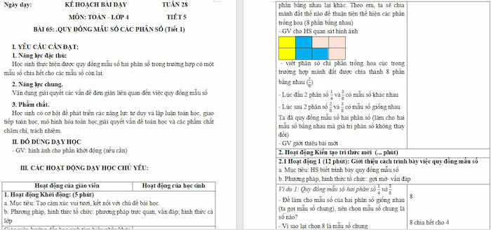 Giáo án Toán 4 Bài 65: Quy đồng mẫu số các phân số