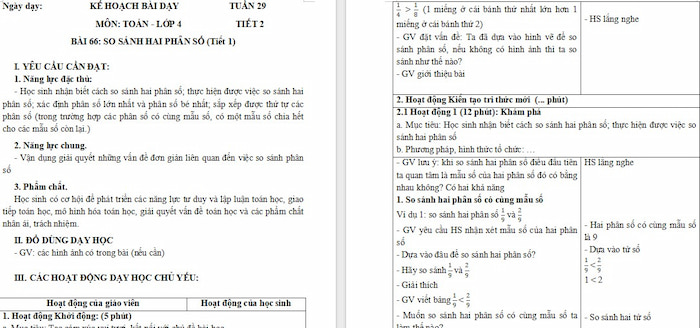 Giáo án Toán 4 Bài 66: So sánh hai phân số