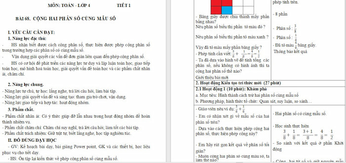 Giáo án Toán 4 Bài 68: Cộng hai phân số cùng mẫu số