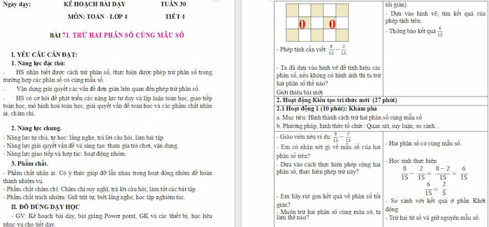 Giáo án Toán 4 Bài 71: Trừ hai phân số cùng mẫu số