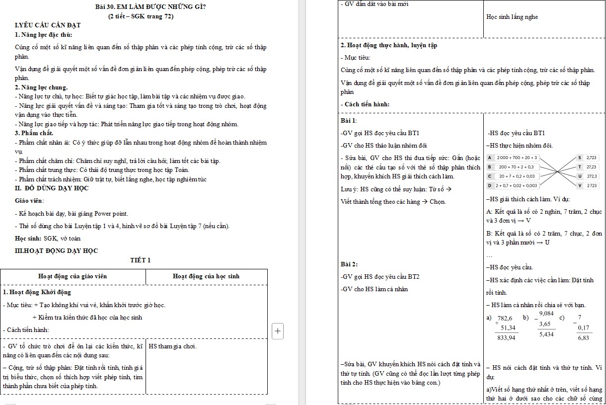 Giáo án Toán 5 CTST Bài Em làm được những gì trang 72