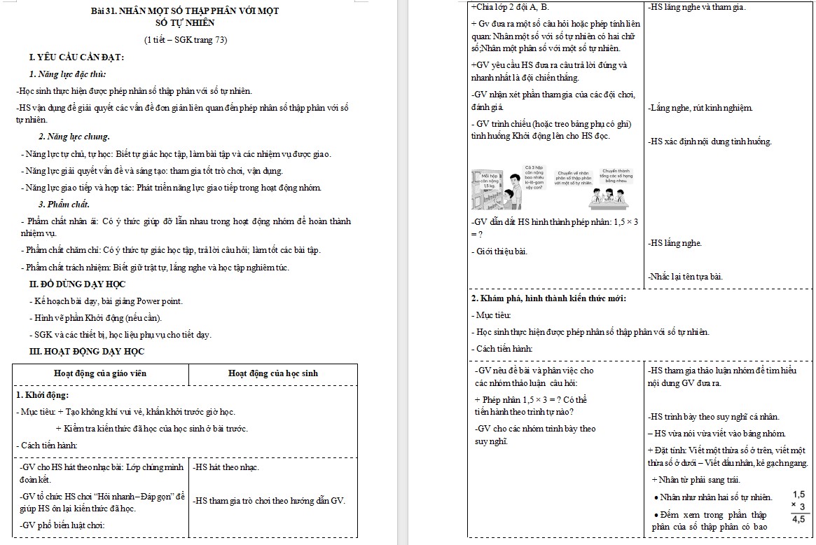 Giáo án Toán 5 CTST Bài 31 trang 73