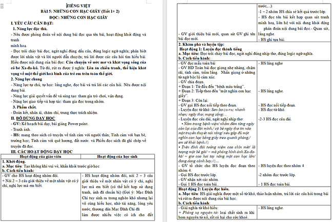 Giáo án Tiếng Việt 5 Những con hạc giấy