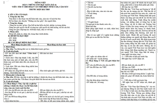 Giáo án Tiếng Việt 5 Tìm ý cho đoạn văn thể hiện tình cảm, cảm xúc về một bài thơ