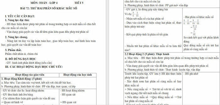 Giáo án Toán 4 Bài 72: Trừ hai phân số khác mẫu số