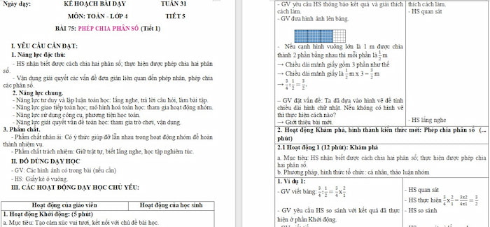 Giáo án Toán 4 Bài 75: Phép chia phân số
