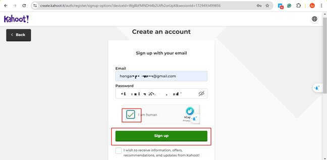 Điền email và mật khẩu dùng để đăng nhập ứng dụng Kahoot!