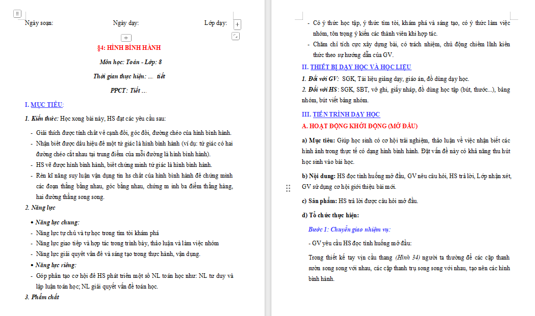 Giáo án PowerPoint Toán 8 Bài 4: Hình bình hành