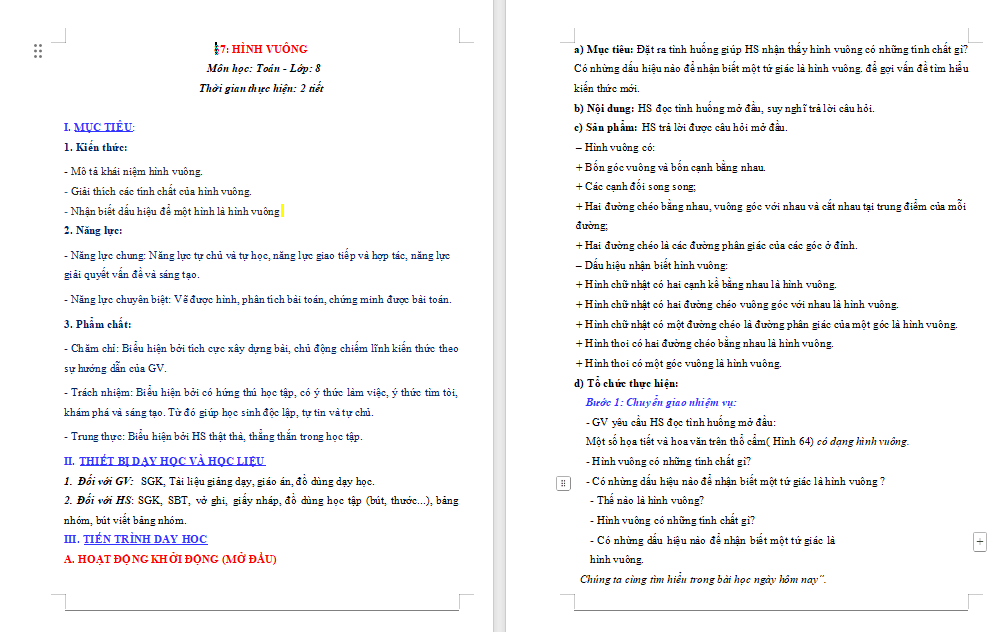 Giáo án PowerPoint Toán 8 Bài 7: Hình vuông