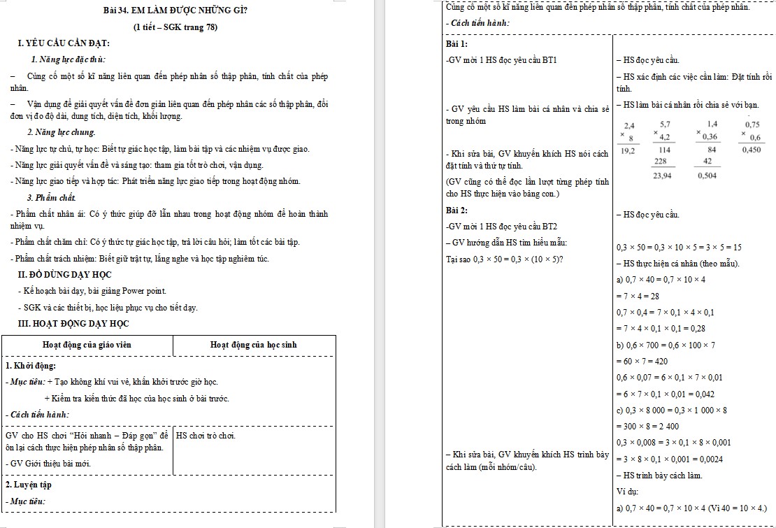 Giáo án Toán 5 CTST Bài Em làm được những gì trang 78