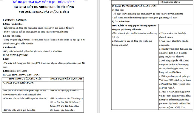 Giáo án Đạo đức 5 Em biết ơn những người có công với quê hương, đất nước