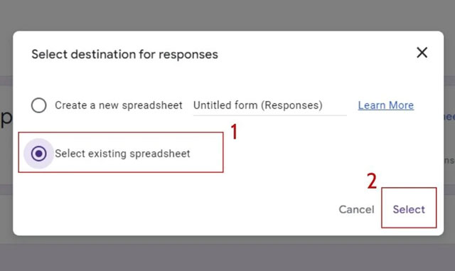 Select existing spreadsheet