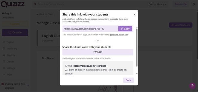 Copy link lớp học để mời các em học sinh vào lớp