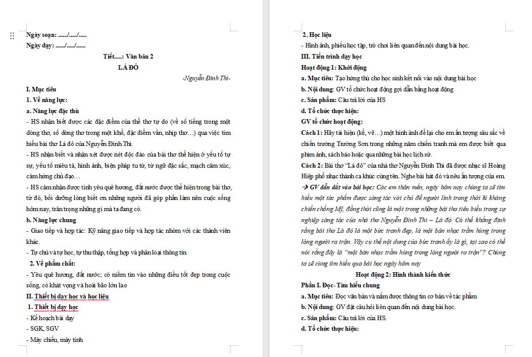 Giáo án PowerPoint Ngữ văn 8 Bài 7: Lá đỏ