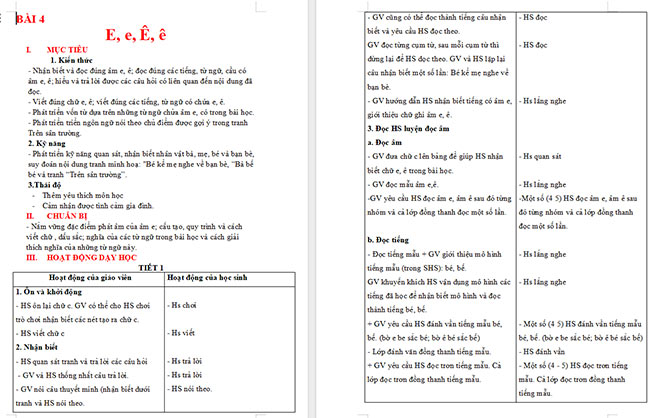 Giáo án Tiếng Việt 1 Bài 4: E, e, Ê, ê