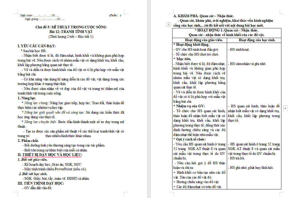 Mĩ thuật 8 Bài 12: Trang tĩnh vật