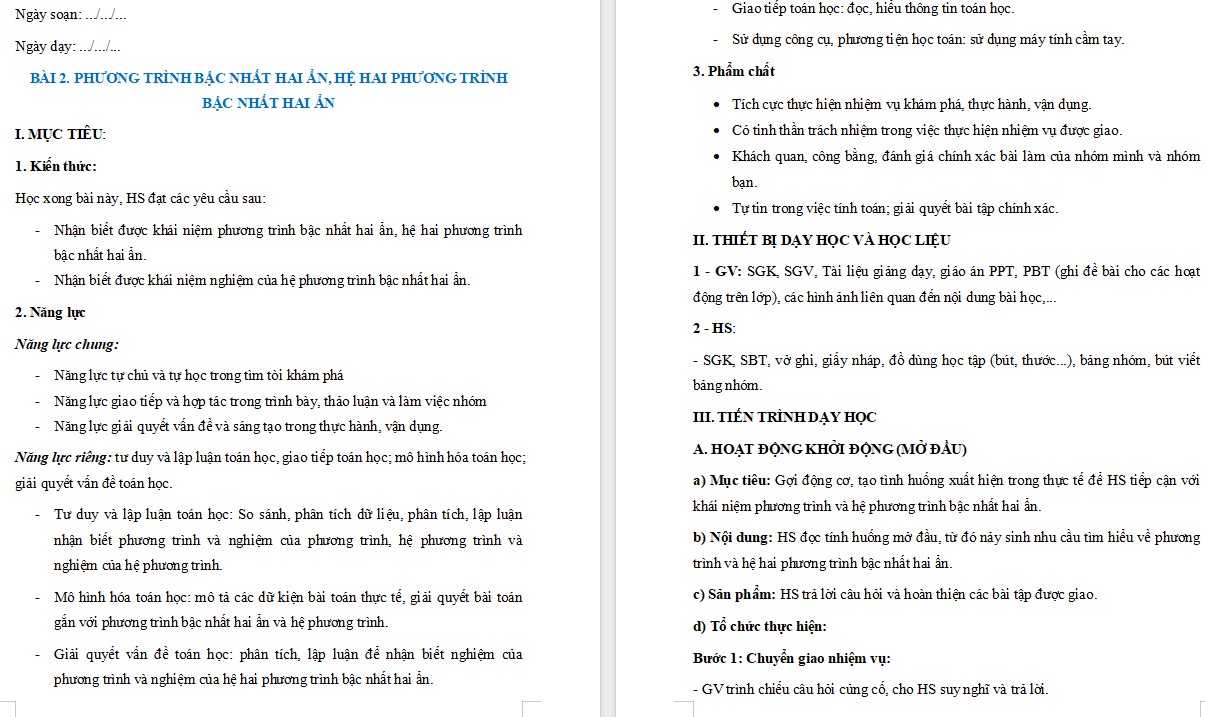 Giáo án Toán 9 Cánh Diều Phương trình bậc nhất hai ẩn. Hệ hai phương trình bậc nhất hai ẩn