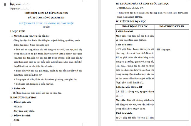 Giáo án Tiếng Việt 2 Chào hỏi, tự giới thiệu