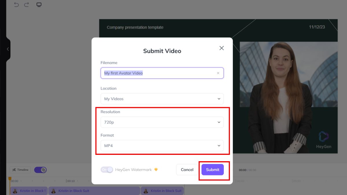 Nhấn Submit để xuất video