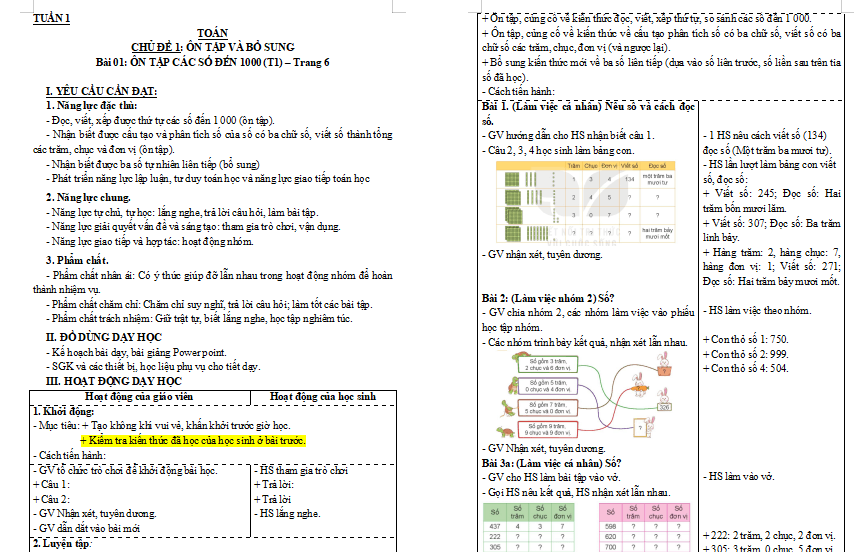Bài 1: Ôn tập các số đến 1000