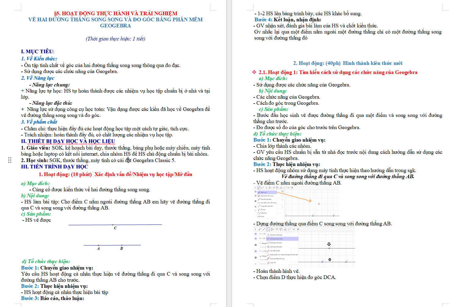 Vẽ hai đường thẳng song song và đo góc bằng phần mềm GeoGebra 