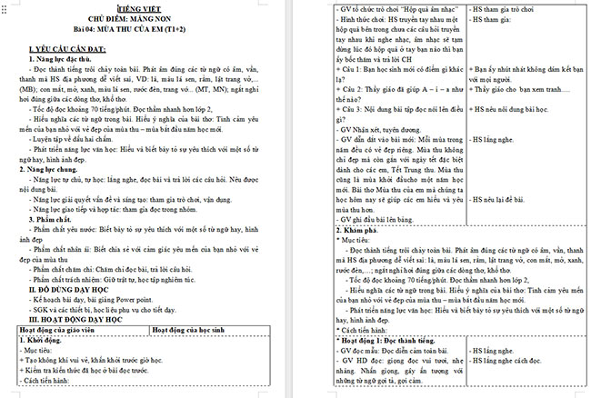Giáo án Tiếng Việt 3 Mùa thu của em