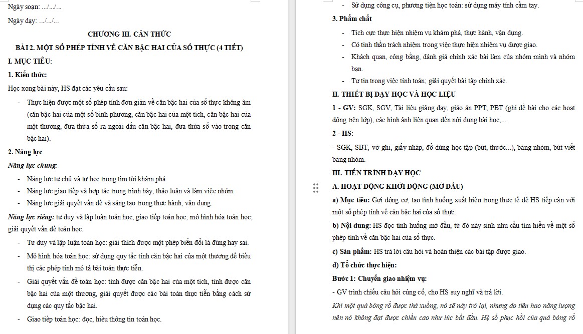 Giáo án Toán 9 Cánh Diều Bài Một số phép tính về căn bậc hai của số thực