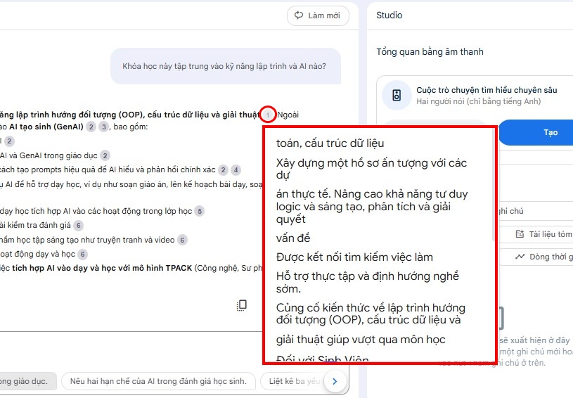 Đưa con trỏ chuột vào để xem nhanh các nội dung được NotebookLM tham khảo