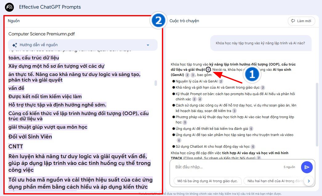 Nhấn vào các số sẽ dẫn bạn đến file, tệp, nguồn của bạn cung cấp nơi mà NotebookLM tham khảo