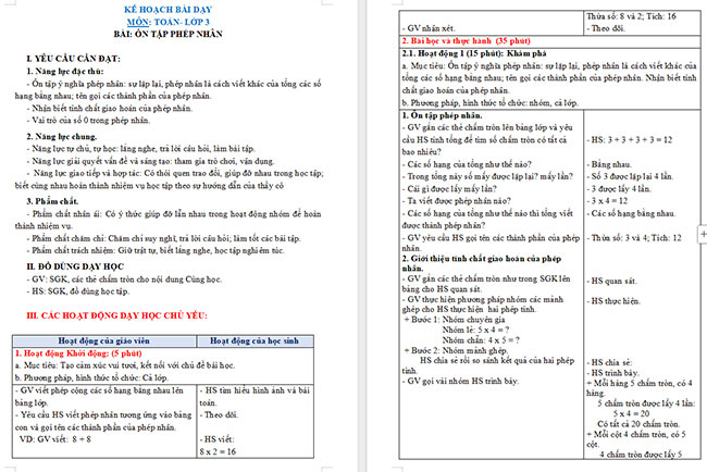 Giáo án Toán 3: Ôn tập phép nhân