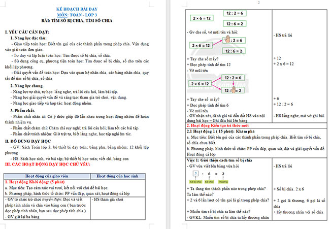 Giáo án Toán 3: Tìm số bị chia, tìm số chia