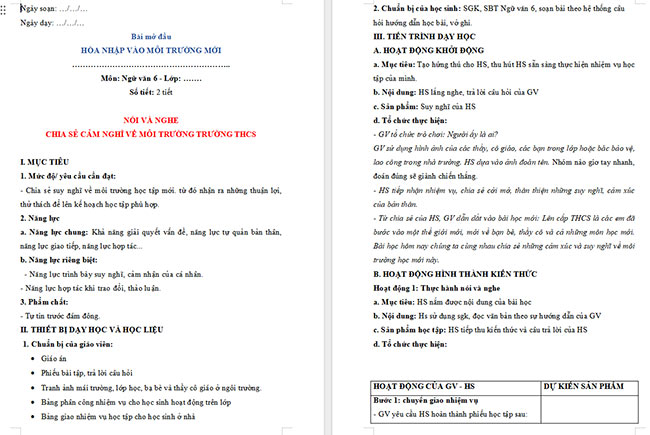 Giáo án Văn 6 Bài mở đầu: Chia sẻ cảm nghĩ về môi trường Trung học cơ sở