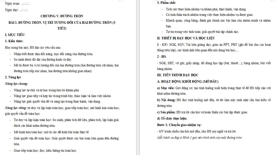 Giáo án Toán 9 Cánh Diều Đường tròn. Vị trí tương đối của hai đường tròn
