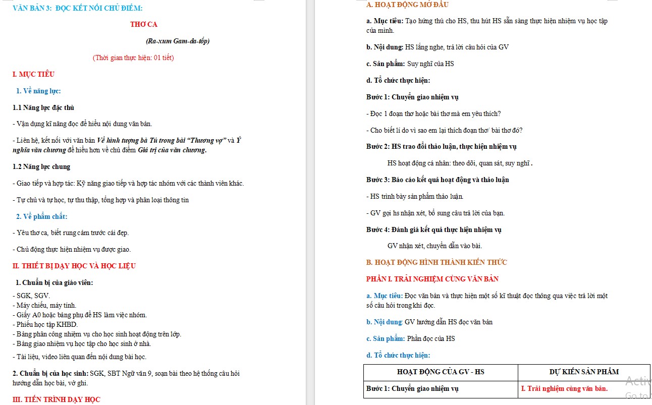 KHBD Ngữ văn 9 Bài Thơ ca CTST 