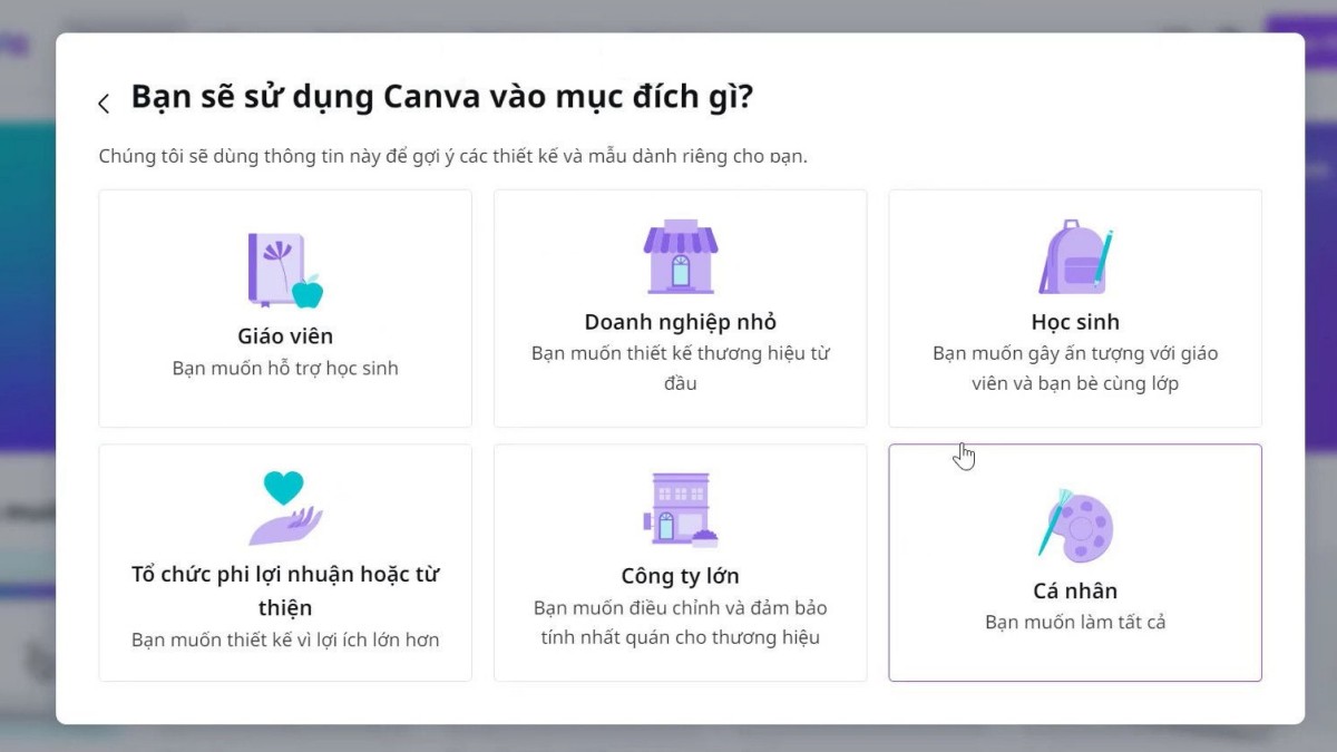 Bạn lựa chọn mục đích sử dụng Canva
