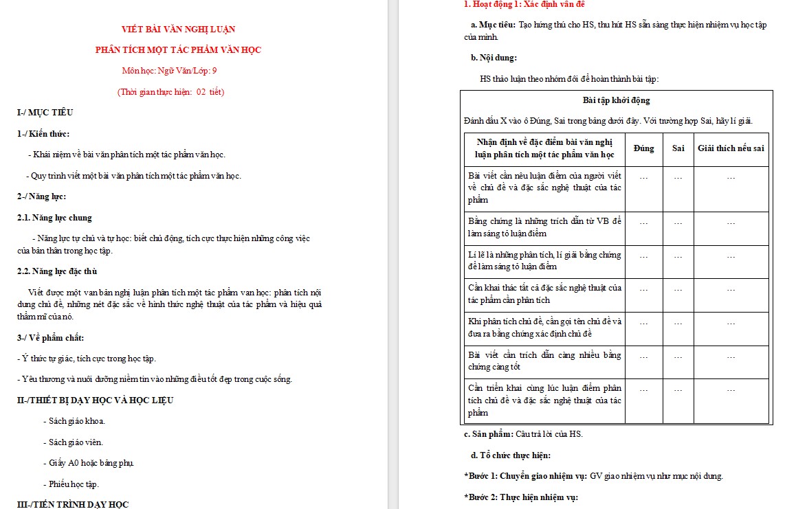 KHBD Ngữ văn 9 Bài Viết bài văn nghị luận phân tích một tác phẩm văn học CTST 