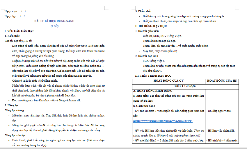 Giáo án Tiếng Việt lớp 5 Bài 10: Kì diệu rừng xanh