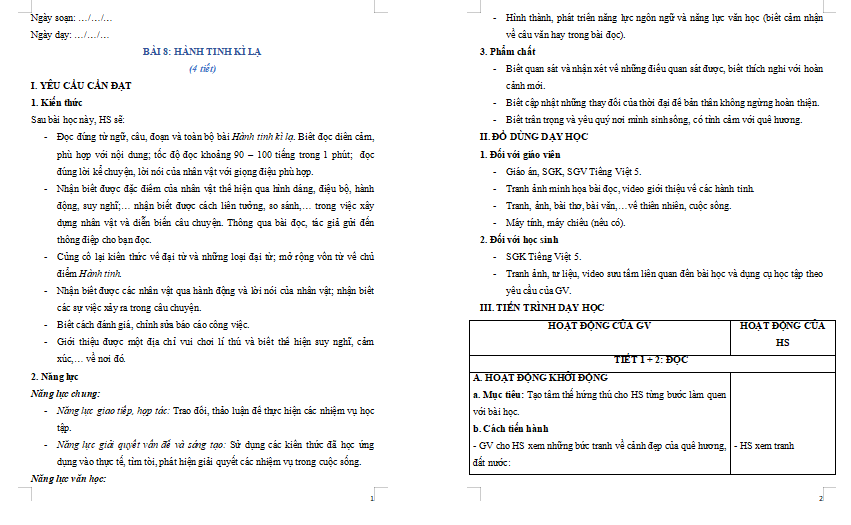 Giáo án Tiếng Việt lớp 5 Bài 8: Hành tinh kì lạ