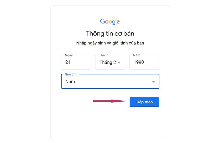Nhập thông tin Ngày tháng năm sinh và Giới tính 