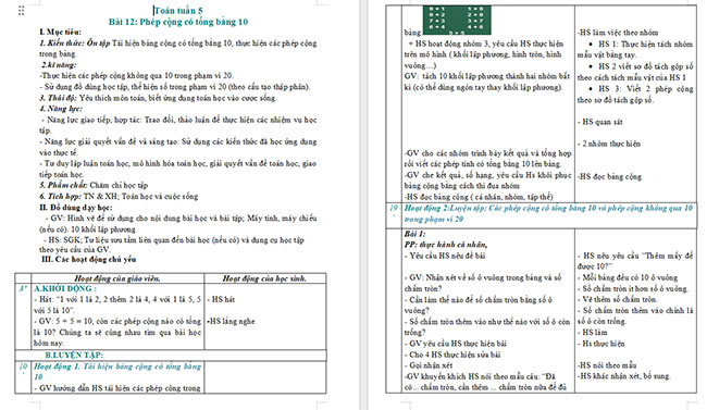 Giáo án Toán 2: Phép cộng có tổng bằng 10