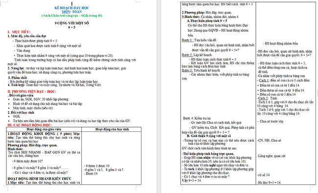 Giáo án Toán 2: 9 cộng với một số