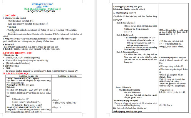 Giáo án Toán 2: 8 cộng với một số