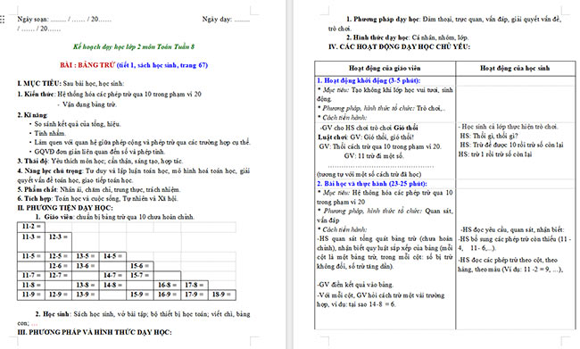 Giáo án Toán 2: Bảng trừ
