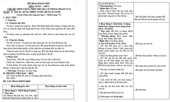 Giáo án Toán 2: Đựng nhiều nước, đựng ít nước