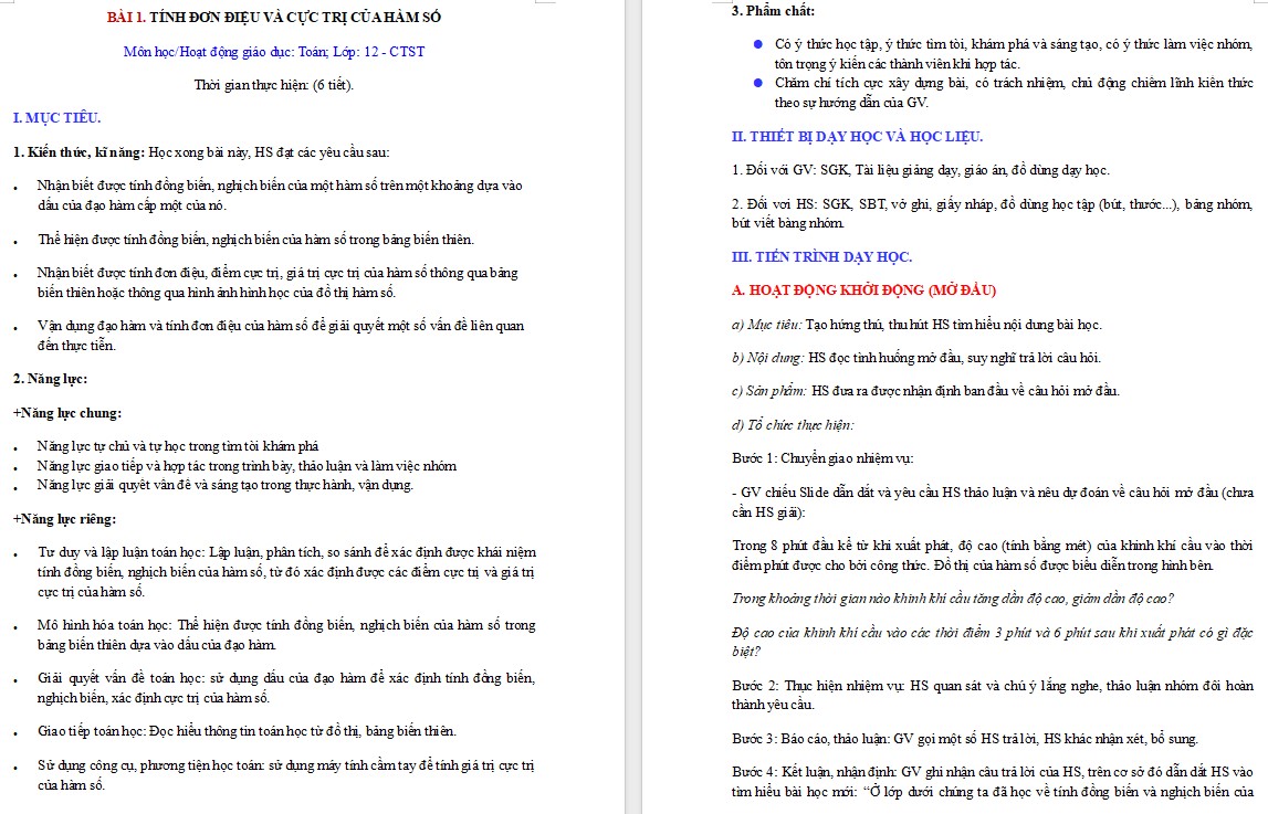 Giáo án Bài 1 Chương 1 Toán 12 Chân trời sáng tạo